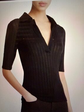 Vince Black Cotton Elbow-Length Sleeve Polo Shirt.  NWOT